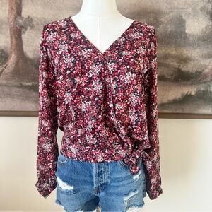 LOFT Floral V-Neck Blouse in Pink and Black